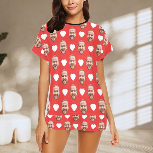 Custom Heart Face Red Pajamas | Personalized Women's Short Pajama Set For Valentine's Day