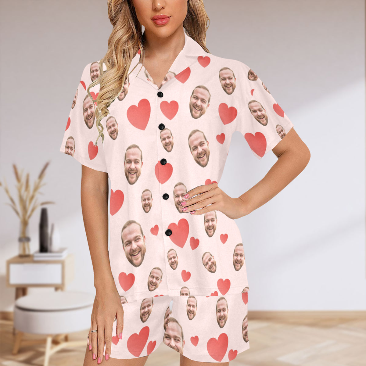 Custom Heart Multi-Color Pajamas | Personalized Women's V-Neck Short Pajama Set Gift for Her