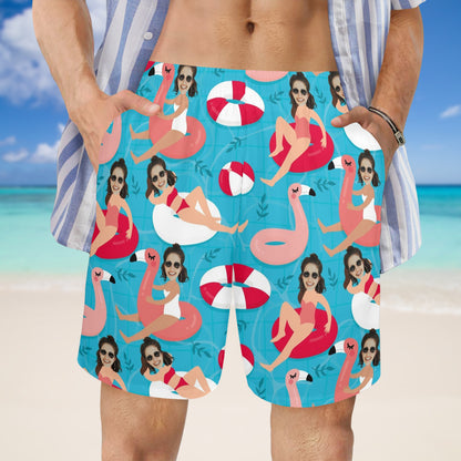 Custom Swim Ring Wife Face Beach Shorts | Personalized Photo Men's Elastic Swim Trunks Funny Gifts