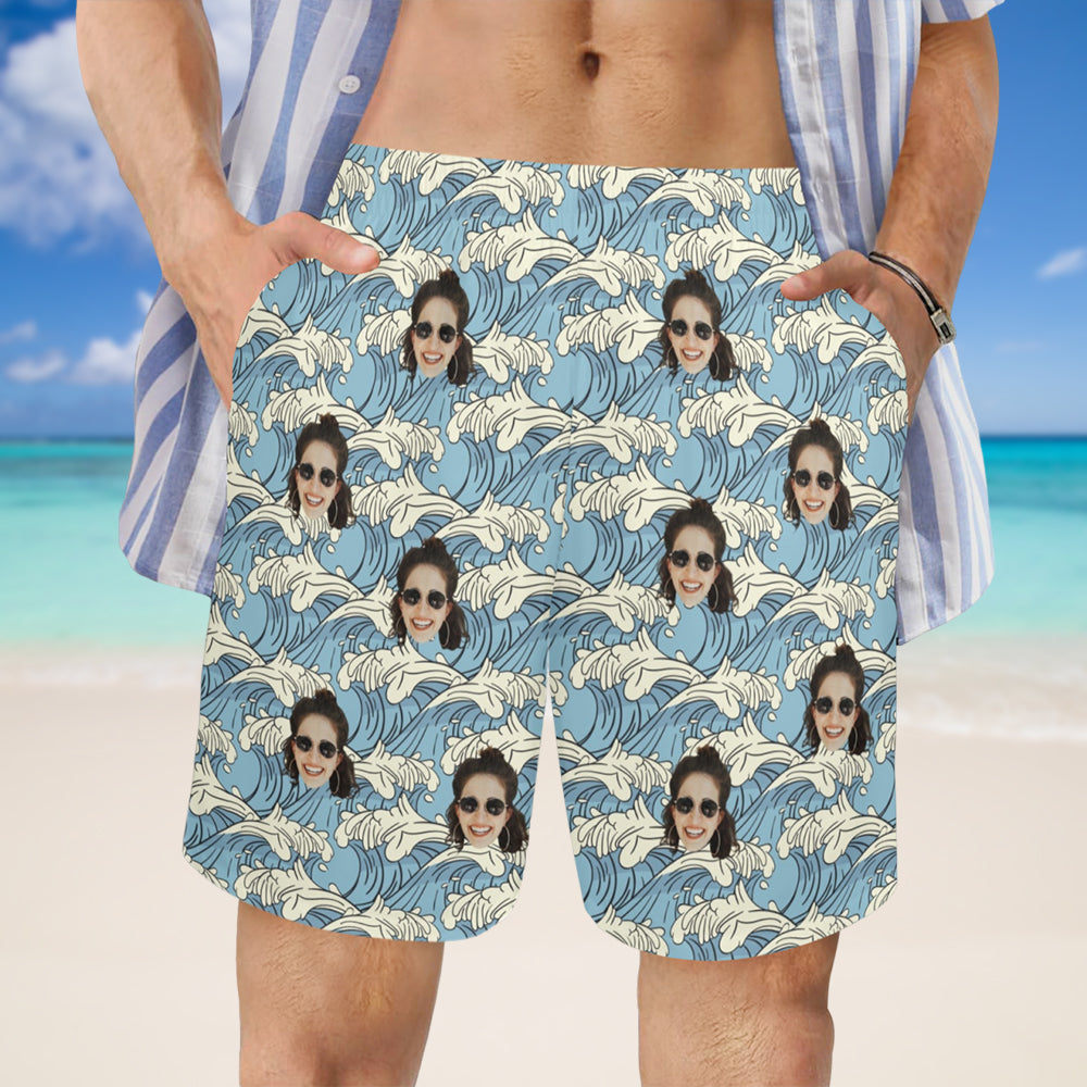 Custom Blue Waves Face Beach Shorts | Personalized Summer Vibes Photo Men's Elastic Swim Trunks