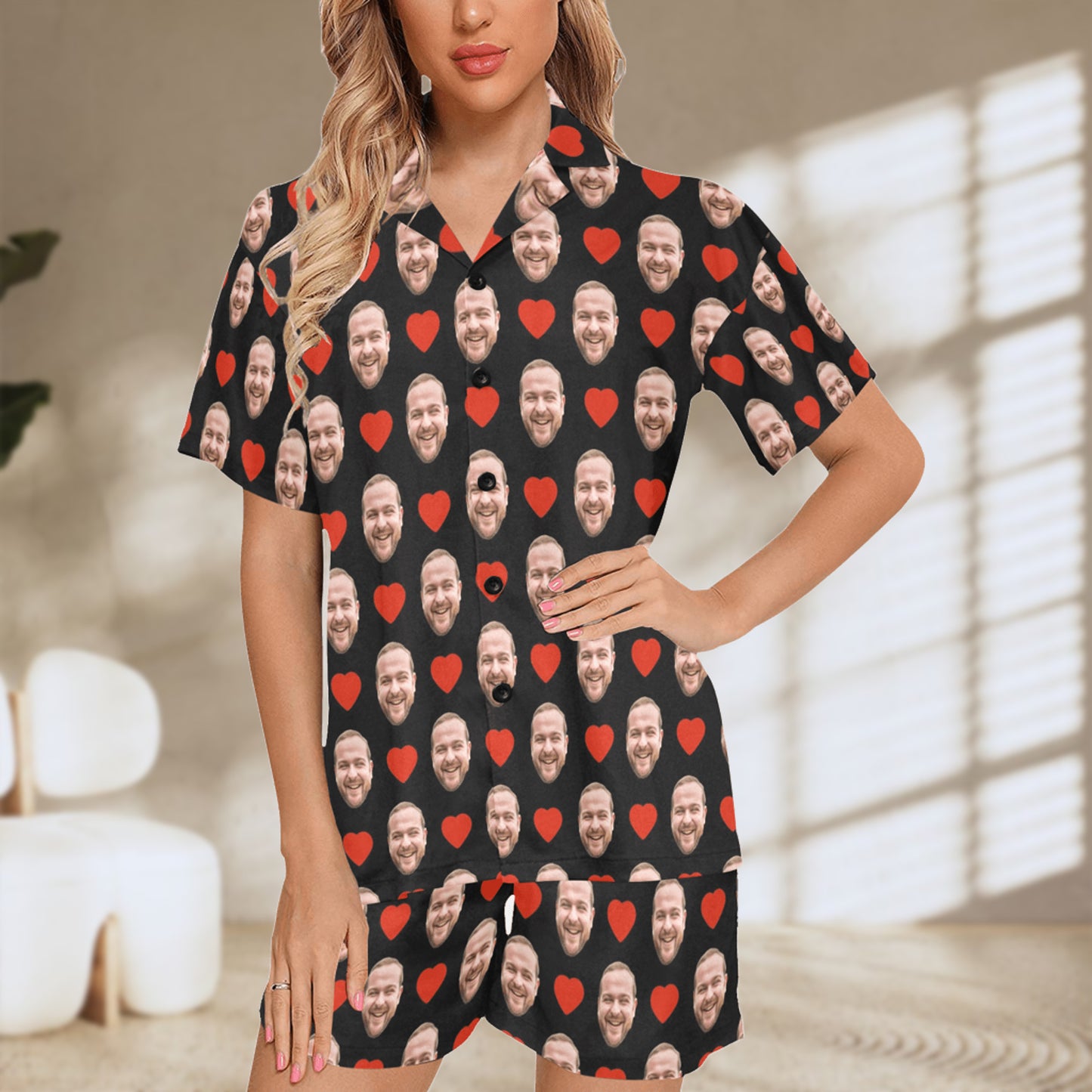 Custom Heart Face Pajamas | Personalized Women's V-Neck Short Pajama Set For Your Love
