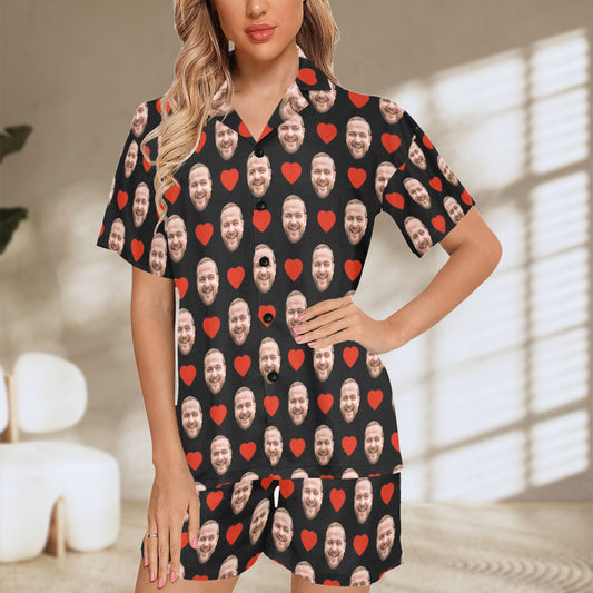 Custom Heart Face Pajamas | Personalized Women's V-Neck Short Pajama Set For Your Love