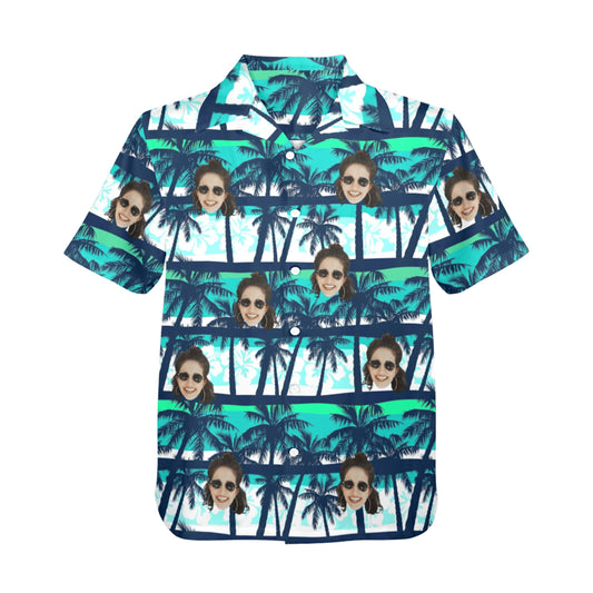 Custom Face Blue & Green Coconut Tree Hawaiian Shirt | Personalized Tropical Aloha Shirt Father's Day Gift