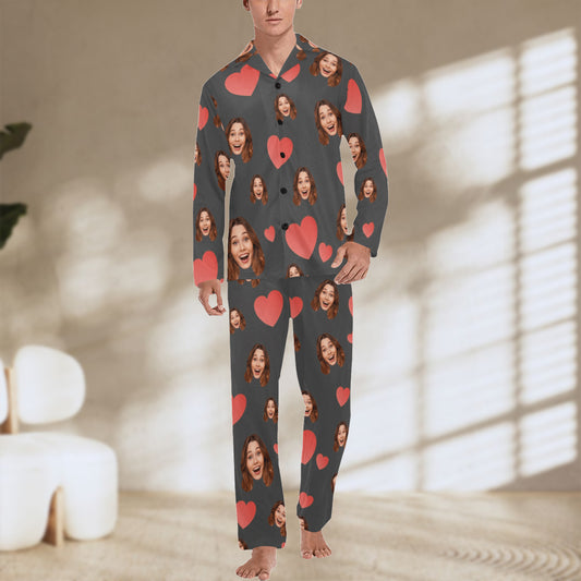 Custom Heart Multi-Color Pajamas | Personalized Men's Long Pajama Set Birthday Gift
