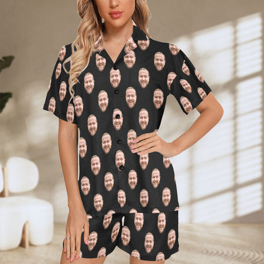 Custom Husband/Boyfriend Face Pajamas | Personalized Women's V-Neck Short Pajama Set For Honeymoons