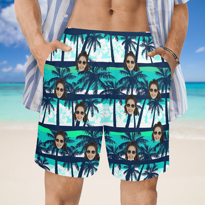 Custom Face Blue & Green Coconut Tree Beach Shorts | Personalized Photo Men's Elastic Swim Trunks Father's Day Gift