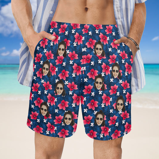 Custom Face Flower Petals Beach Shorts | Personalized Photo Men's Elastic Swim Trunks For Father's Day