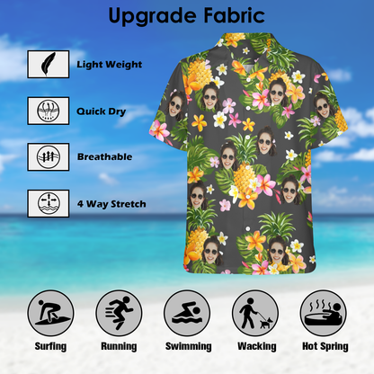 Custom Face Yellow Pineapple Flowers Hawaiian Shirt | Personalized Tropical Aloha Shirt For Bachelorette Party