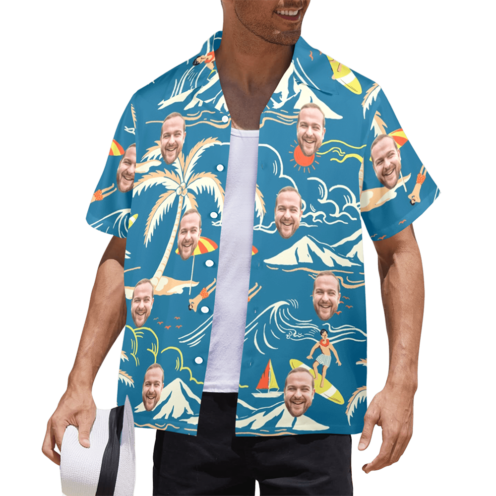 Custom Face Blue Surfing Island Hawaiian Shirt | Personalized Tropical Aloha Shirt For Boat/Cruise Trip