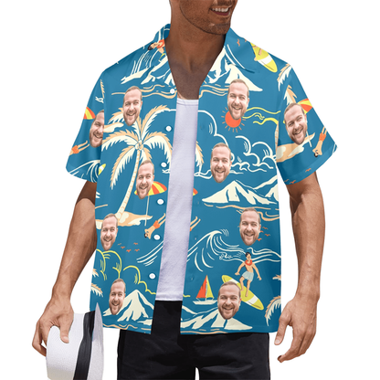 Custom Face Blue Surfing Island Hawaiian Shirt | Personalized Tropical Aloha Shirt For Boat/Cruise Trip