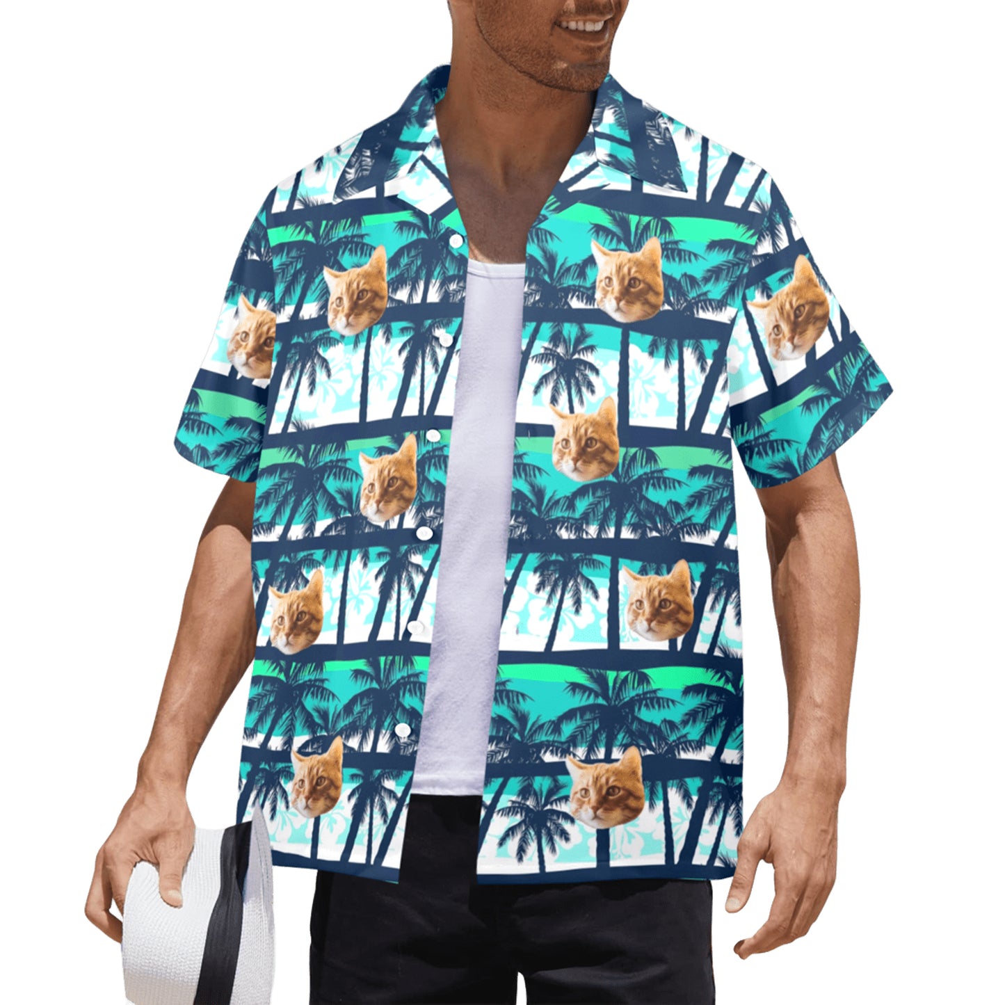 Custom Face Blue & Green Coconut Tree Hawaiian Shirt | Personalized Tropical Aloha Shirt Father's Day Gift