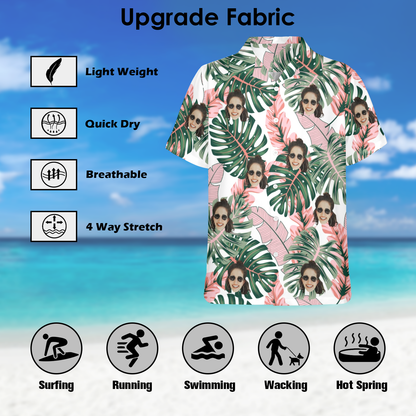 Custom Face Pink Plantain Leaves Hawaiian Shirt | Personalized Tropical Aloha Shirt Birthday Party Gift