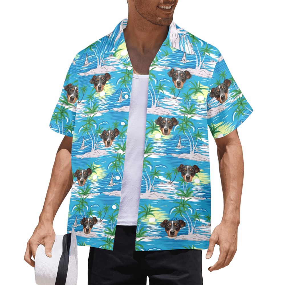 Custom Face Blue Sea&Island Hawaiian Shirt | Personalized Tropical Aloha Shirt For Vacation/Holiday