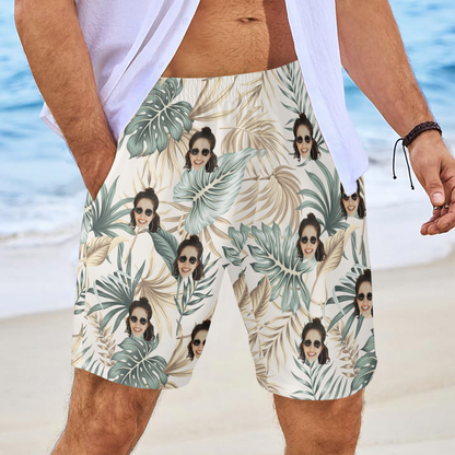 Custom Face Palm Leaves Beach Shorts | Personalized Photo Men's Elastic Swim Trunks For Husband