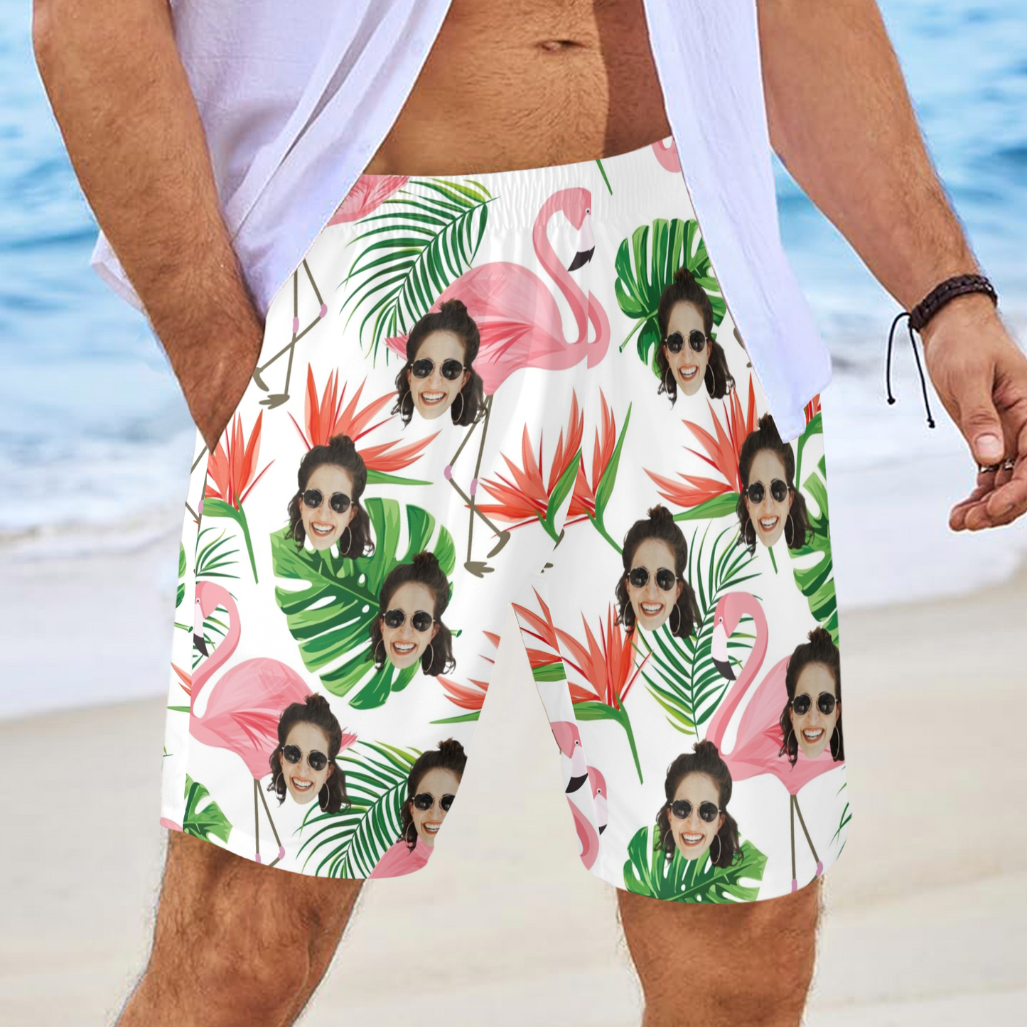 Custom Face Pink Flamingo Beach Shorts | Personalized Photo Men's Elastic Swim Trunks For Cruise