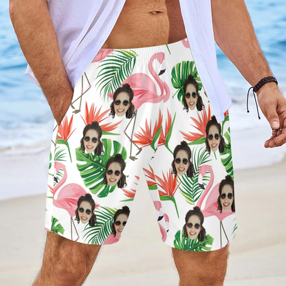 Custom Face Pink Flamingo Beach Shorts | Personalized Photo Men's Elastic Swim Trunks For Cruise