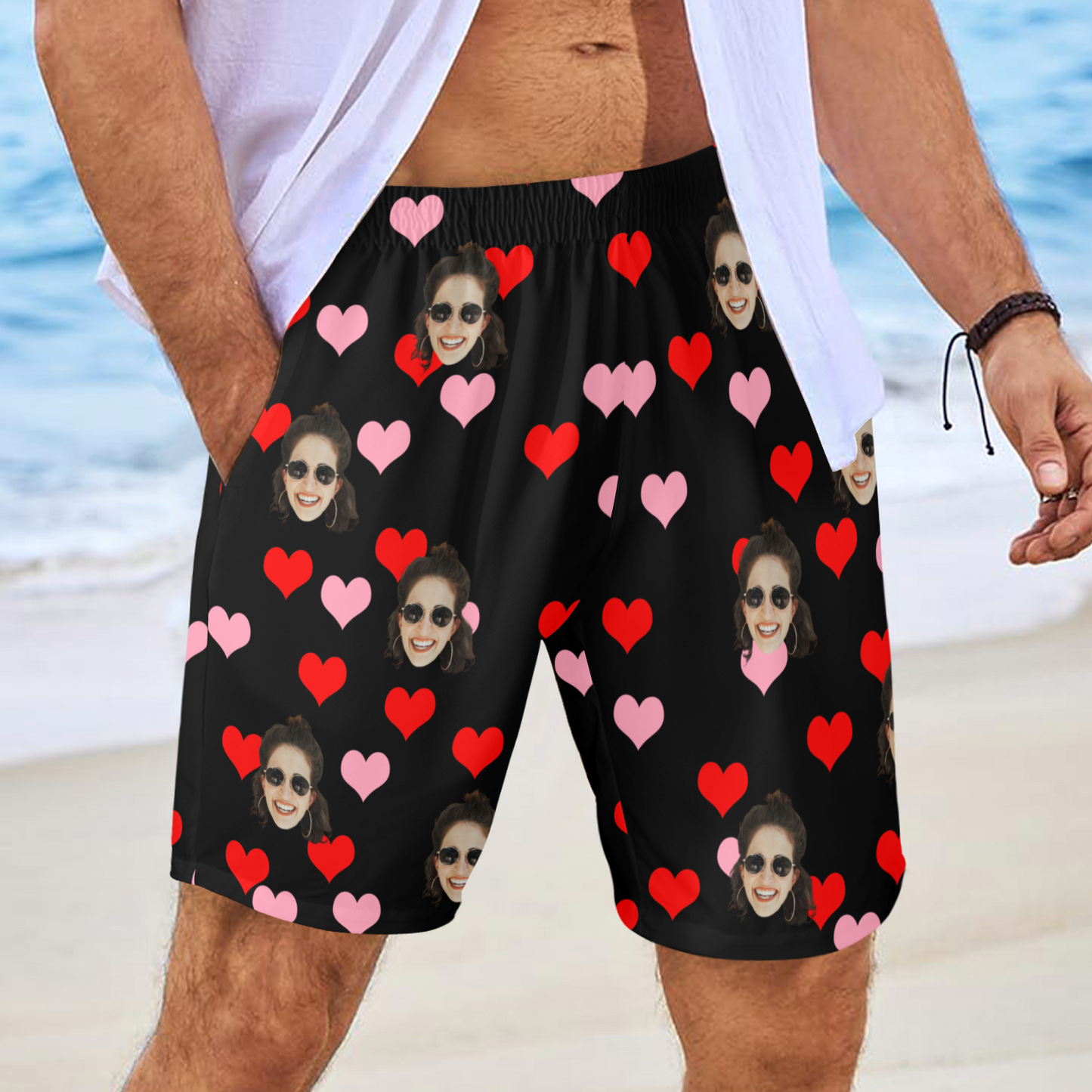 Custom Heart Face Beach Shorts | Personalized Photo Men's Elastic Swim Trunks Bachelor Party