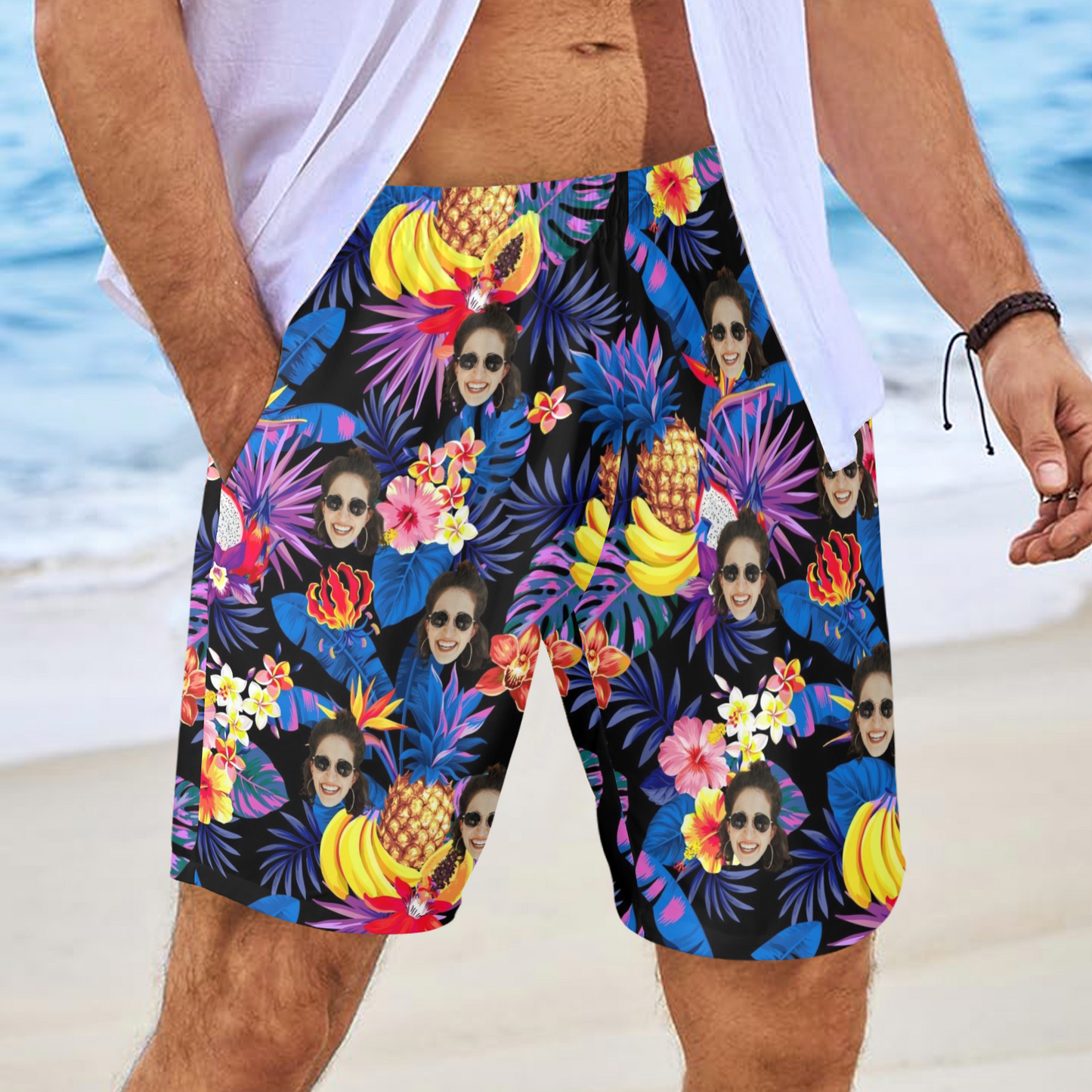 Custom Face Tropical Fruit Beach Shorts | Personalized Photo Men's Elastic Swim Trunks For Holiday Traveling