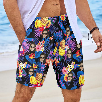 Custom Face Tropical Fruit Beach Shorts | Personalized Photo Men's Elastic Swim Trunks For Holiday Traveling