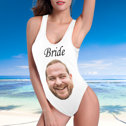 Custom Face Bride Swimsuit | Personalized Women's High Cut Backless Bathing Suit For Bachelor Party