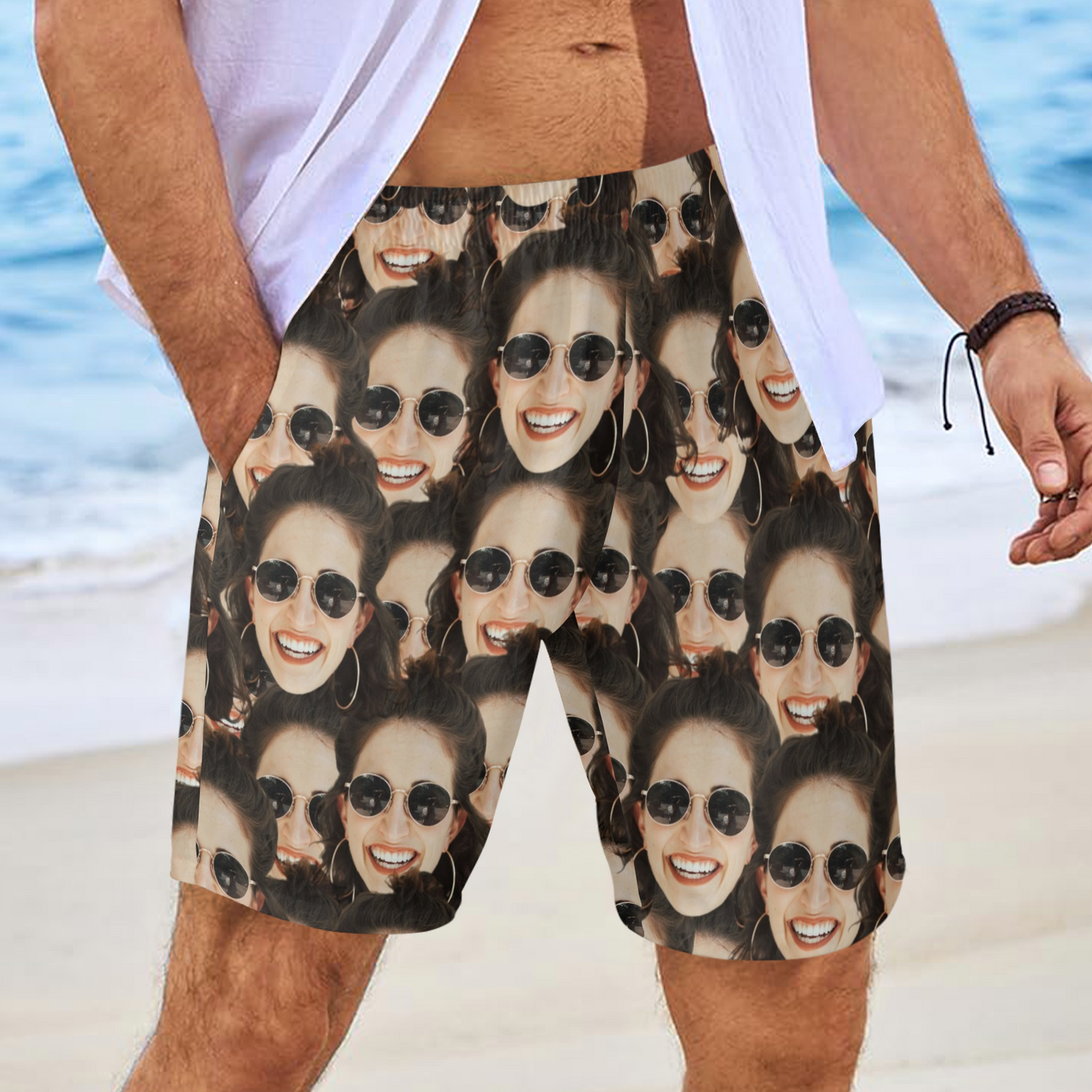 [Recommend]Custom Dense Face Beach Shorts | Personalized Photo Men's Elastic Swim Trunks