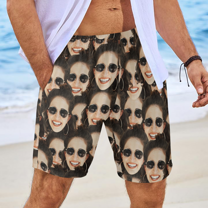 [Recommend]Custom Dense Face Beach Shorts | Personalized Photo Men's Elastic Swim Trunks