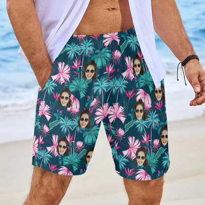Custom Face Coconut Flowers Beach Shorts | Personalized Photo Men's Elastic Swim Trunks For Holiday