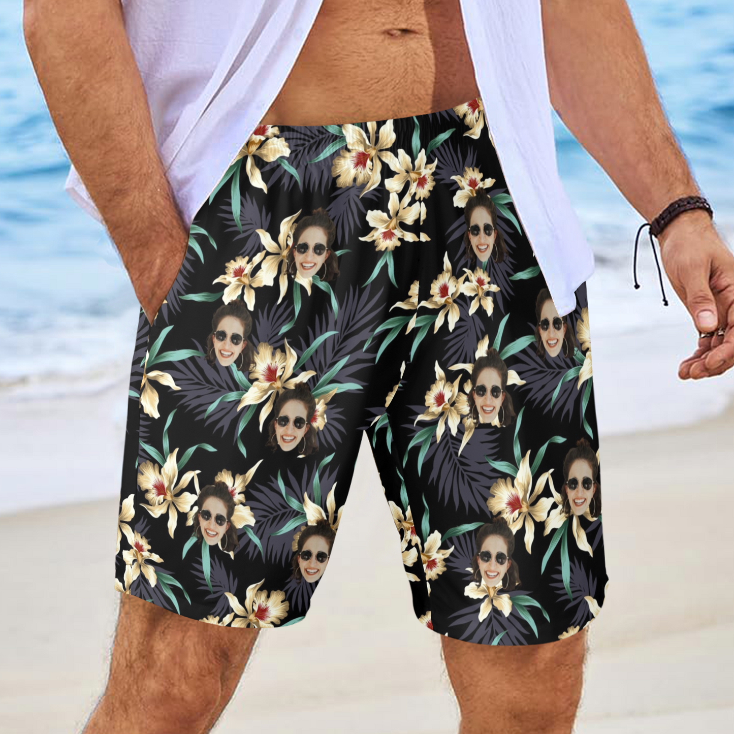 Custom Face Lily Flowers Beach Shorts | Personalized Photo Men's Elastic Swim Trunks Birthday Vacation Party