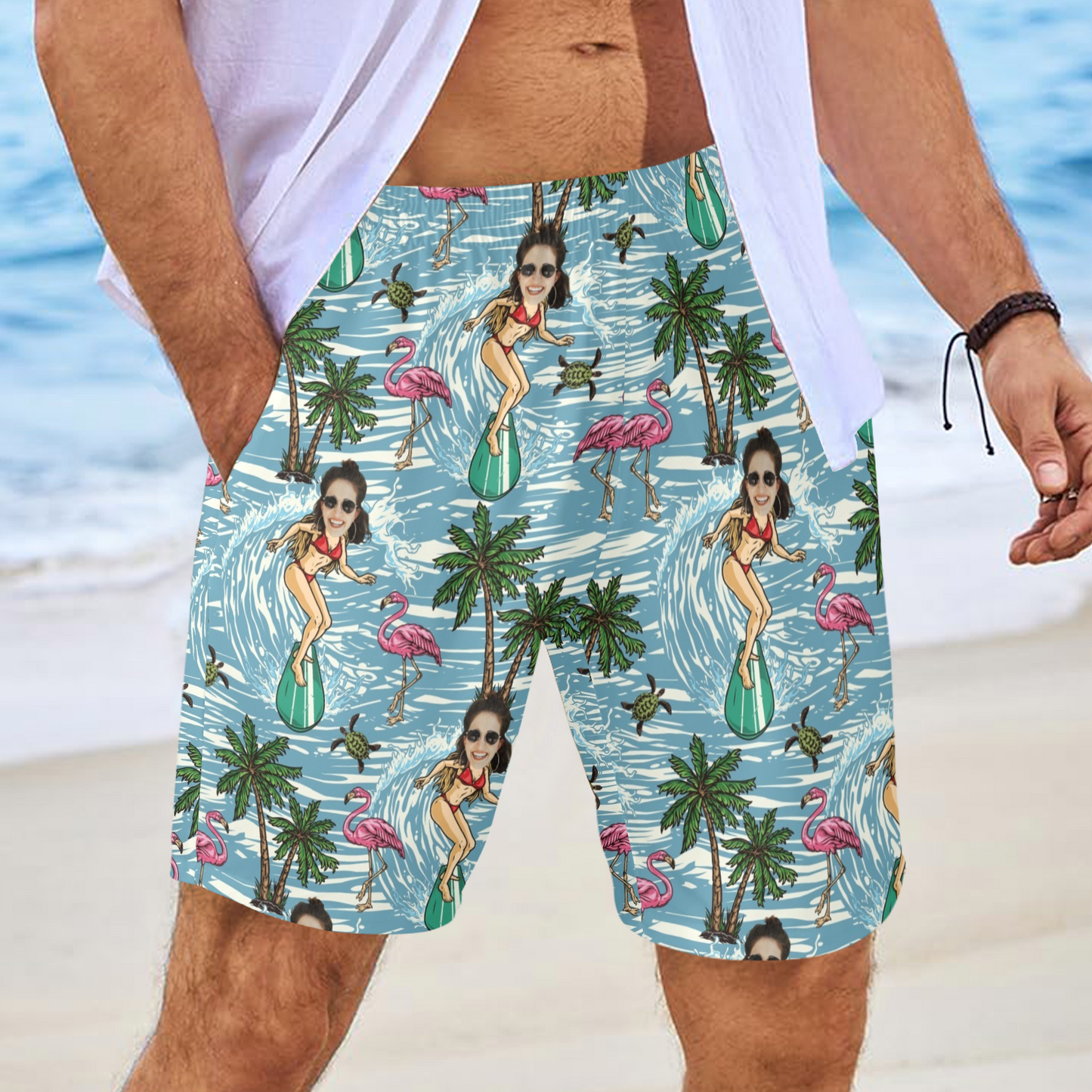 Custom Face Surfing Beach Shorts | Personalized Photo Men's Elastic Swim Trunks Prank Gift