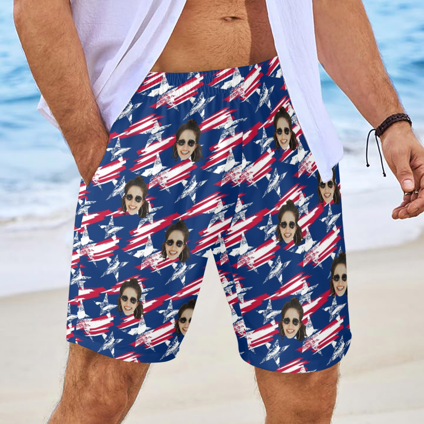 Custom Face Vintage USA Flag Beach Shorts | Personalized Photo Men's Elastic Swim Trunks For 4th Of July