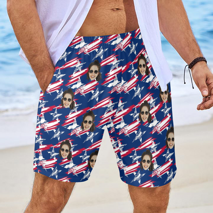 Custom Face Vintage USA Flag Beach Shorts | Personalized Photo Men's Elastic Swim Trunks For 4th Of July