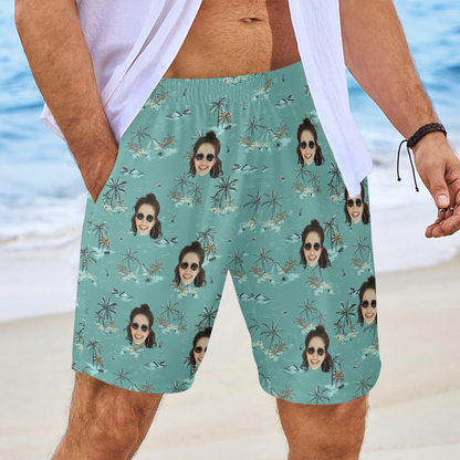 Custom Face Coconut Tree&Island Beach Shorts | Personalized Photo Men's Elastic Swim Trunks For Holiday Trip