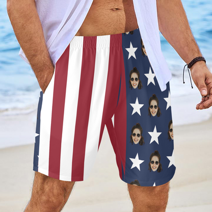 Custom Face American Flag Beach Shorts | Personalized Photo Men's Elastic Swim Trunks For Independence Day