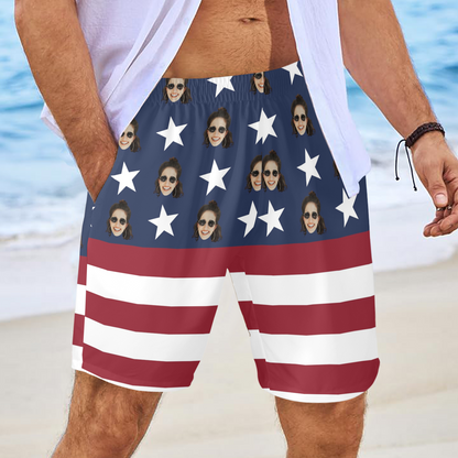 Custom Face National Flag Beach Shorts | Personalized Photo Men's Elastic Swim Trunks For Memorial Day