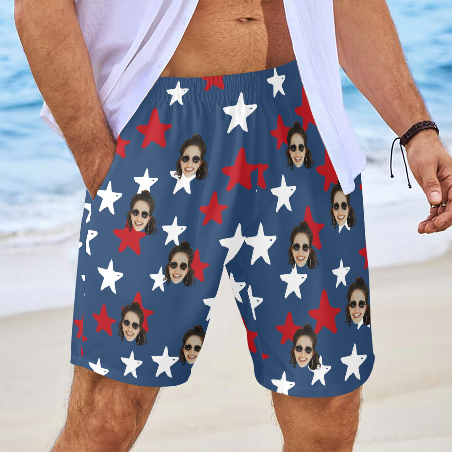 Custom Flag Stars Face Beach Shorts | Personalized Photo Men's Elastic Swim Trunks 4th Of July