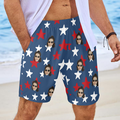 Custom Flag Stars Face Beach Shorts | Personalized Photo Men's Elastic Swim Trunks 4th Of July