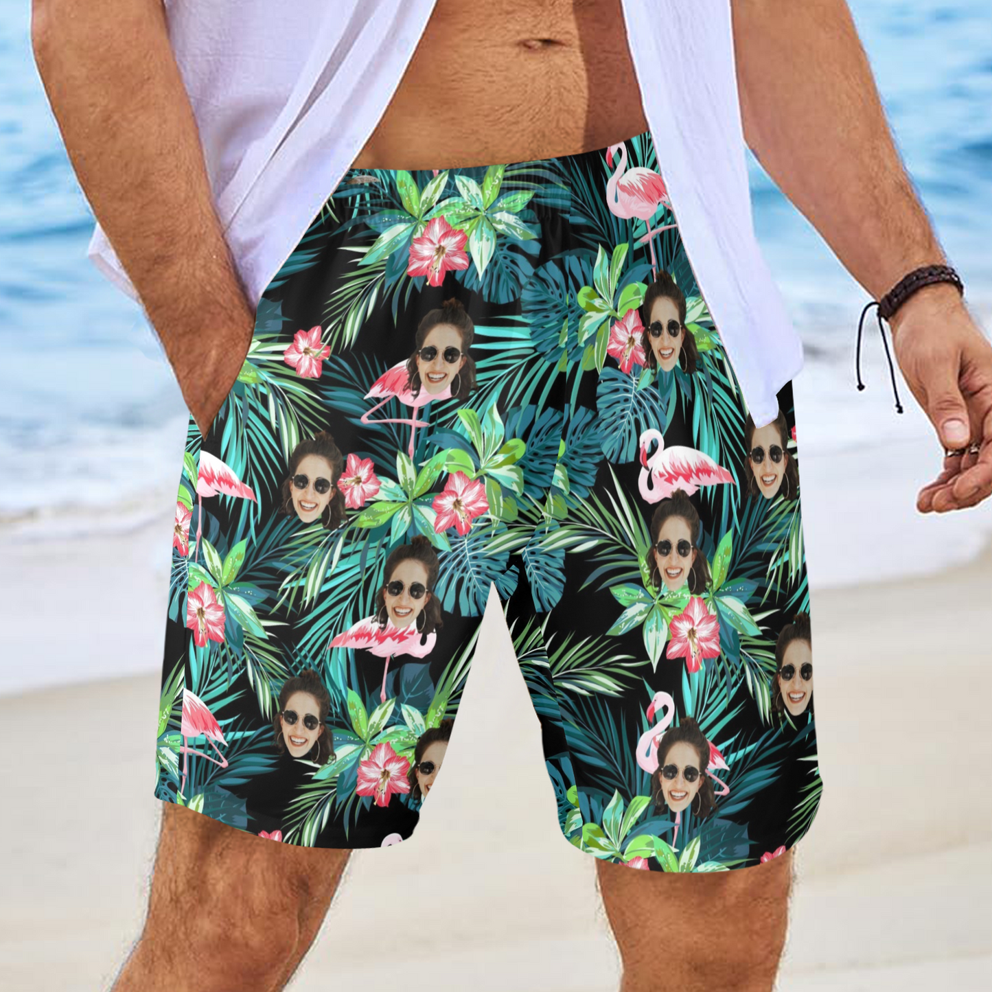 Custom Face Flamingo Beach Shorts | Personalized Photo Men's Elastic Swim Trunks For Summer Vacation