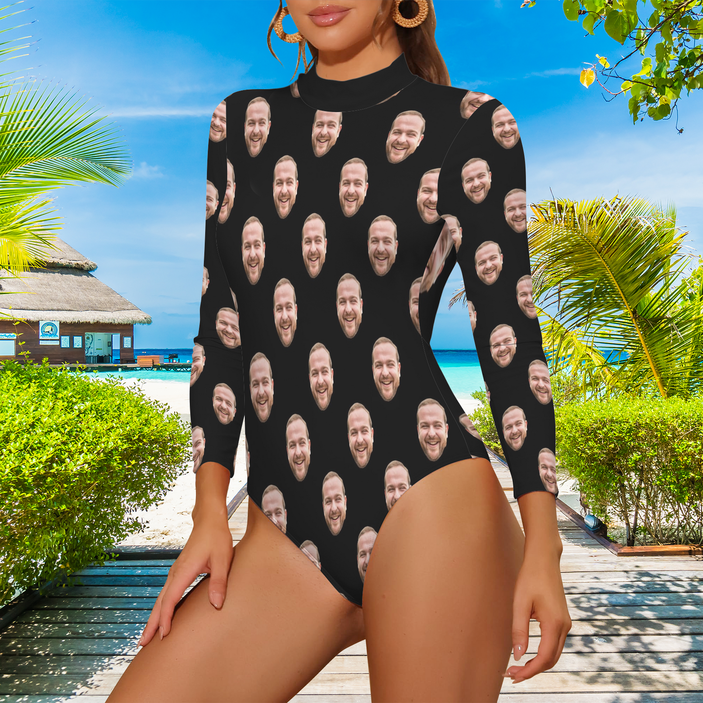Custom Husband/Boyfriend Face Swimsuit | Personalized Women's Backless Long Sleeve One-Piece Bathing Suit For Honeymoons