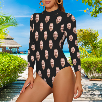 Custom Husband/Boyfriend Face Swimsuit | Personalized Women's Backless Long Sleeve One-Piece Bathing Suit For Honeymoons