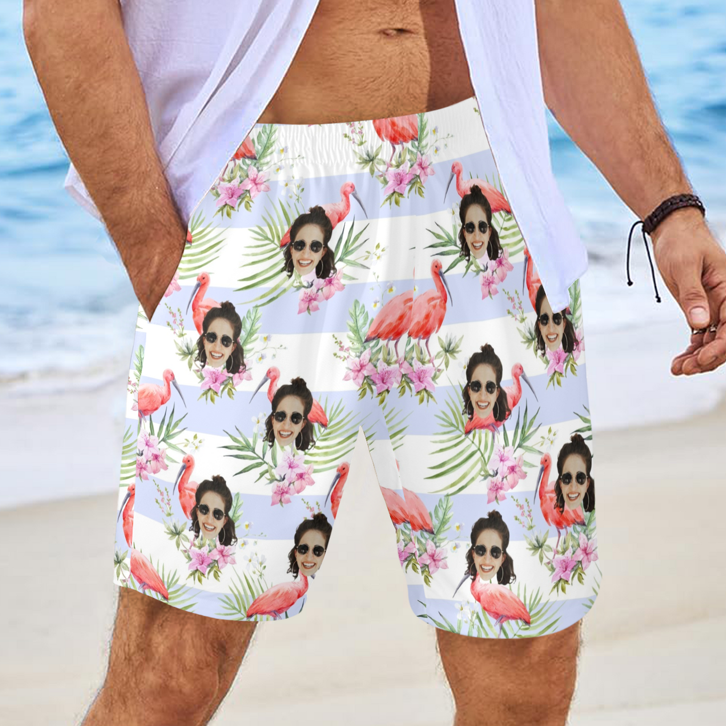 Custom Face Pink Flamingo Beach Shorts | Personalized Photo Men's Elastic Swim Trunks Birthday Gift