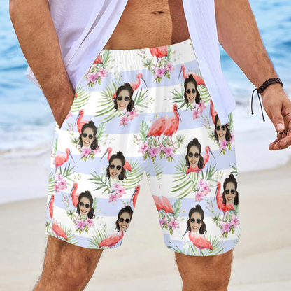 Custom Face Pink Flamingo Beach Shorts | Personalized Photo Men's Elastic Swim Trunks Birthday Gift