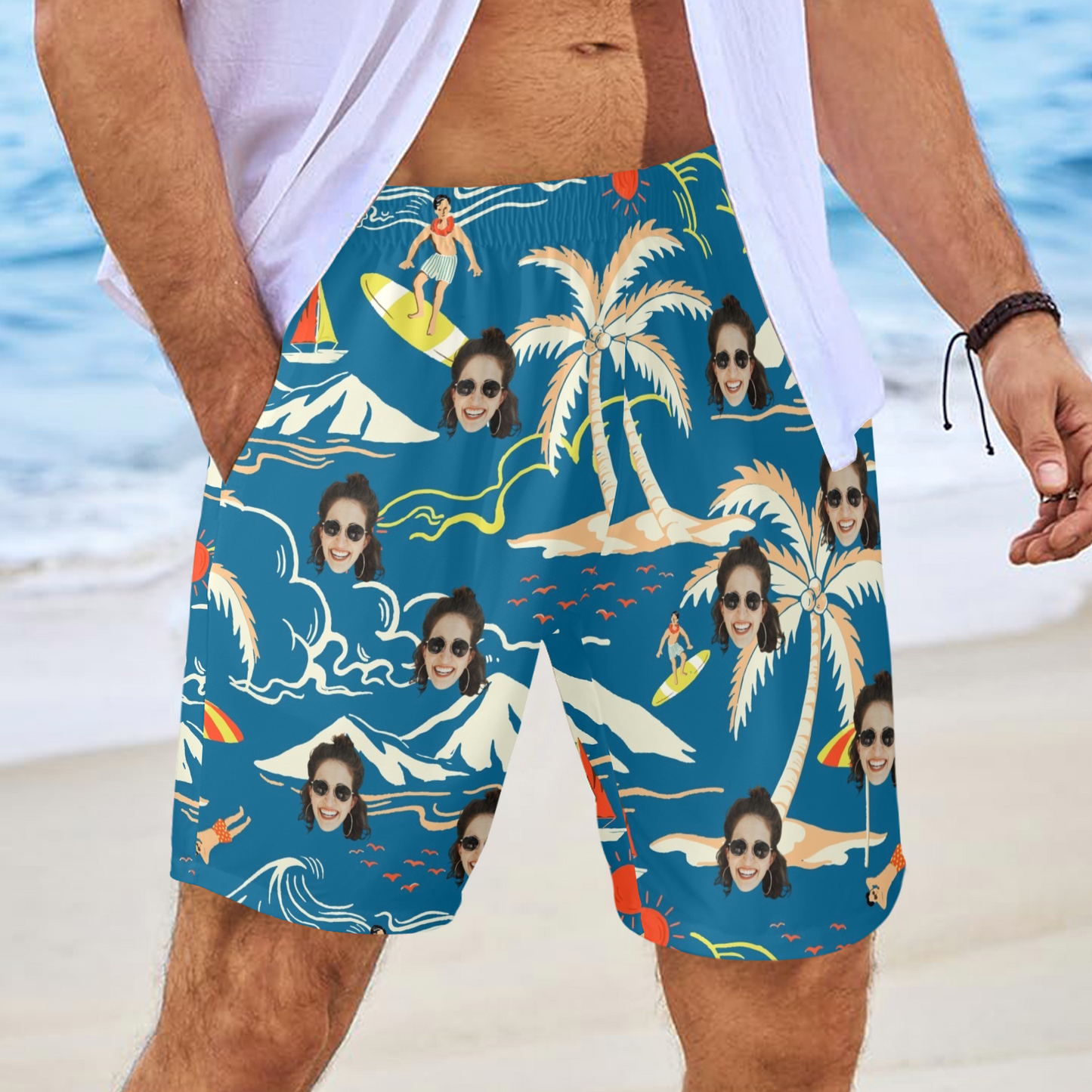 Custom Face Surfing Island Beach Shorts | Personalized Photo Men's Elastic Swim Trunks For Vacation