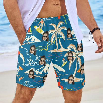 Custom Face Surfing Island Beach Shorts | Personalized Photo Men's Elastic Swim Trunks For Vacation