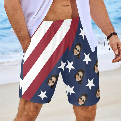 Custom Face USA Flag Beach Shorts | Personalized Photo Men's Elastic Swim Trunks For July 4th Party