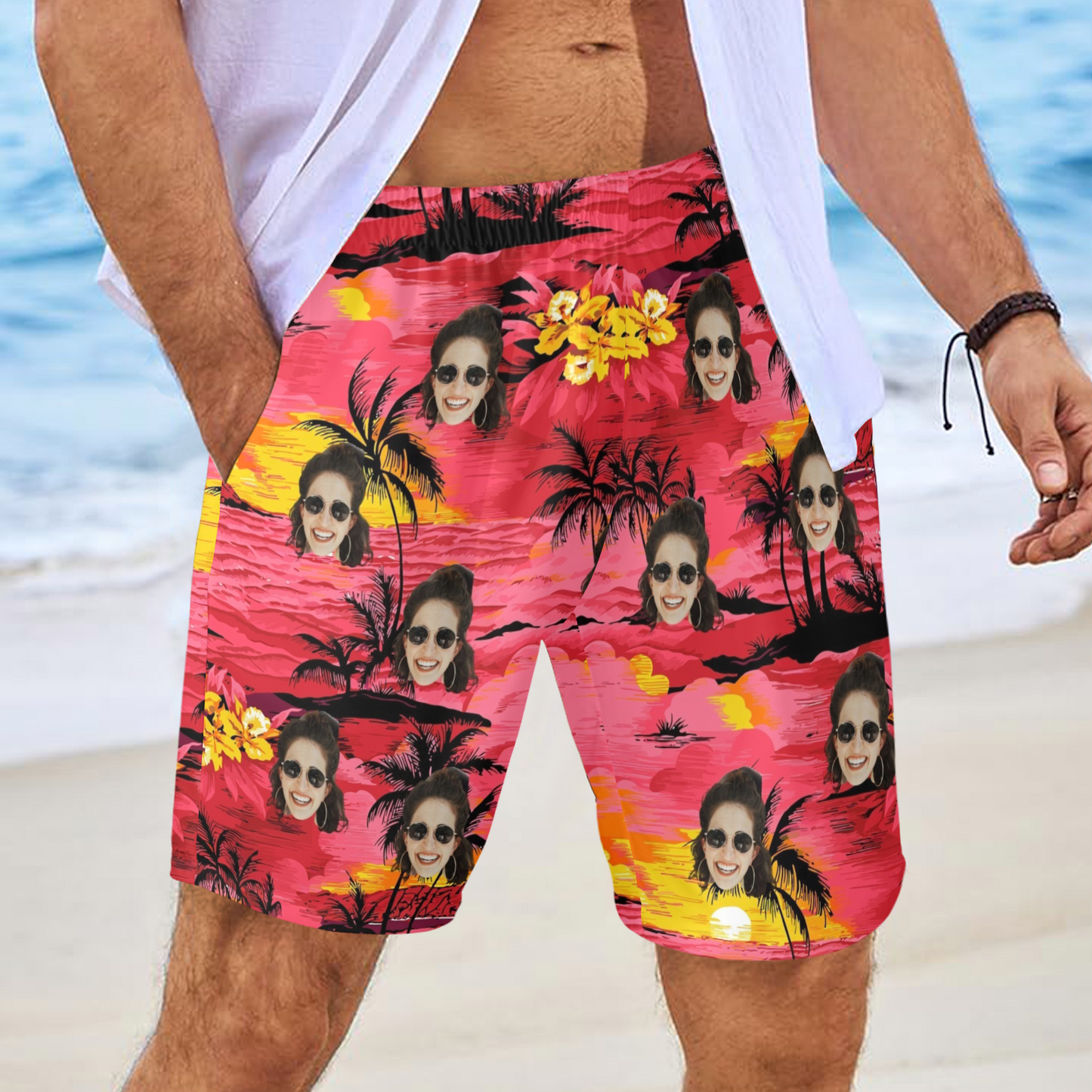 Custom Face Watercolor Print Beach Shorts | Personalized Photo Men's Elastic Swim Trunks For Beach Trip