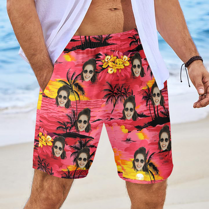 Custom Face Watercolor Print Beach Shorts | Personalized Photo Men's Elastic Swim Trunks For Beach Trip