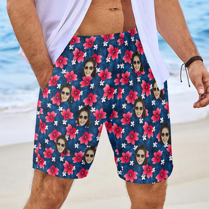 Custom Face Flower Petals Beach Shorts | Personalized Photo Men's Elastic Swim Trunks For Father's Day