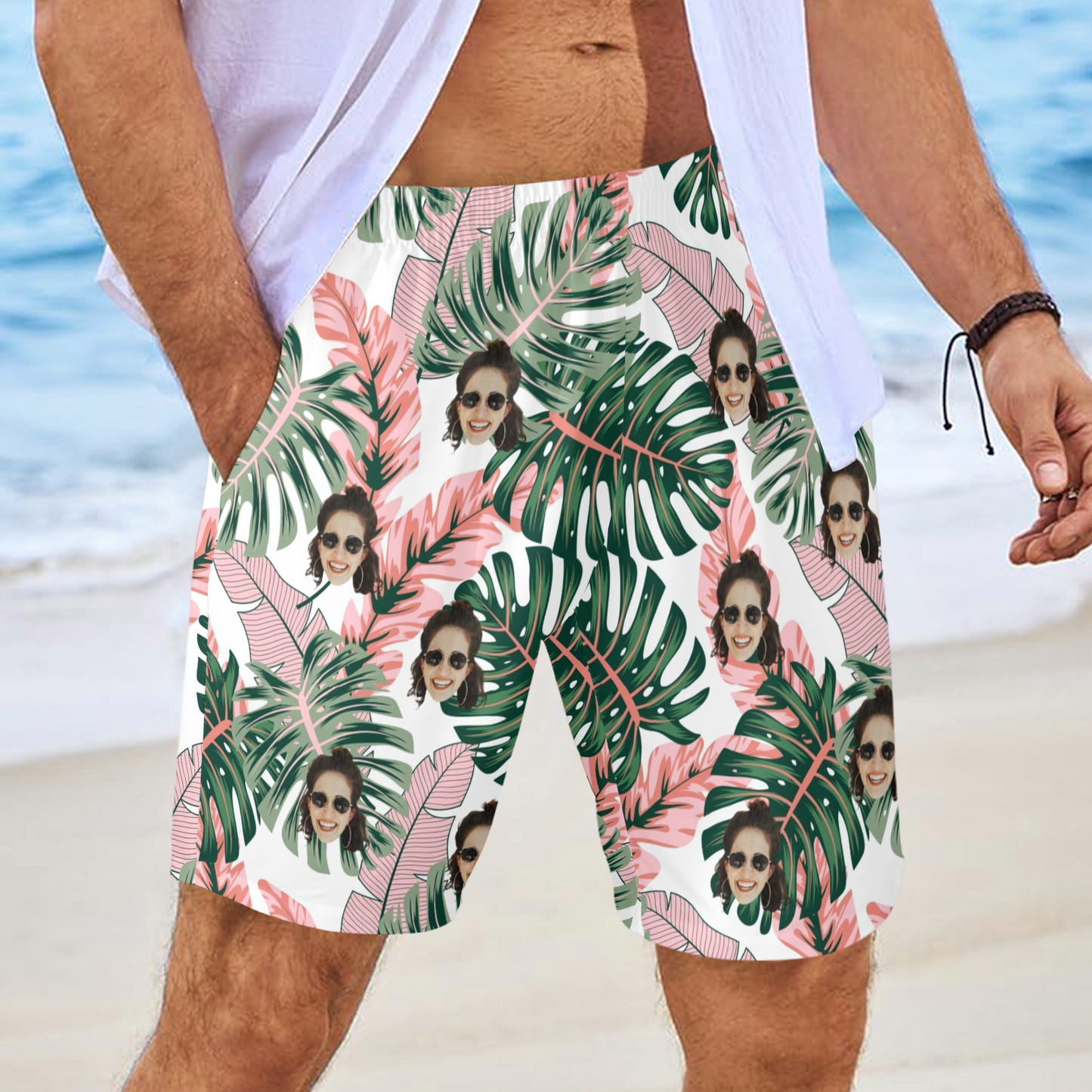 Custom Face Pink Plantain Leaves Beach Shorts | Personalized Photo Men's Elastic Swim Trunks Vacation Party Gift