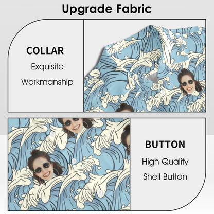 Custom Face Blue Waves Hawaiian Shirt | Personalized Summer Vibes Tropical Aloha Shirt