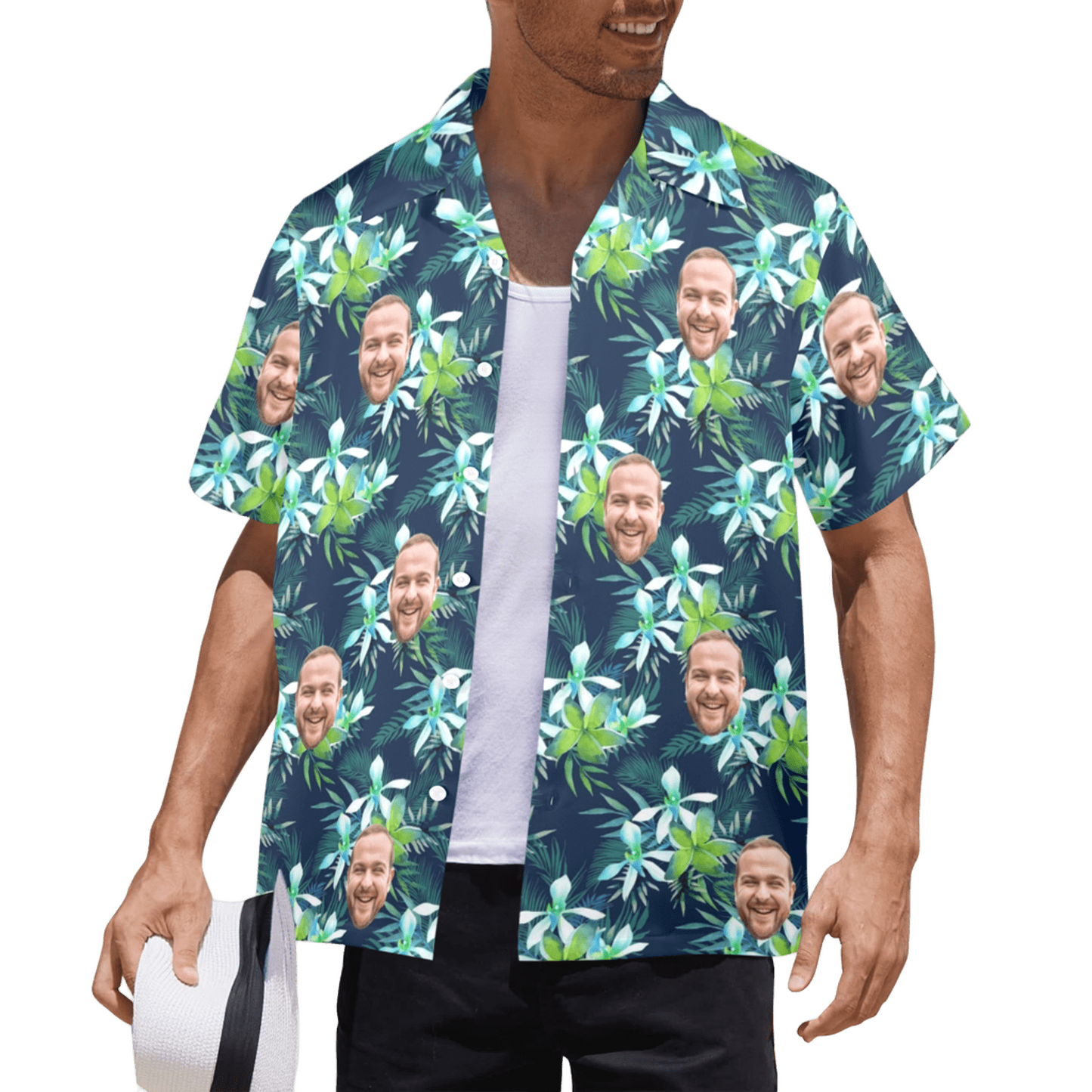 Custom Face Green Leaves Hawaiian Shirt | Personalized Tropical Aloha Shirt Birthday Party Gift